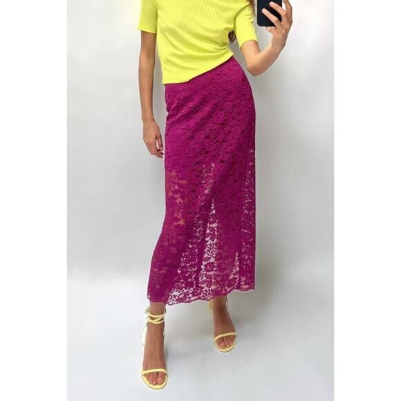 ZARA High-Waisted Floral Lace Rear Slit Midi Skirt Size XS Fuchsia - Picture 4 of 9